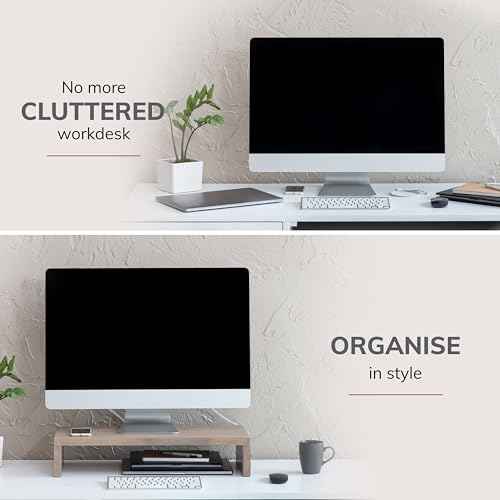 Anji Mountain Wooden Monitor Stand - Elegant Monitor Riser, Perfect Monitor Stand for Desk Organization, Durable Wood Construction monitor stands, Enhances Ergonomics and Workspace Efficiency,Biscotti