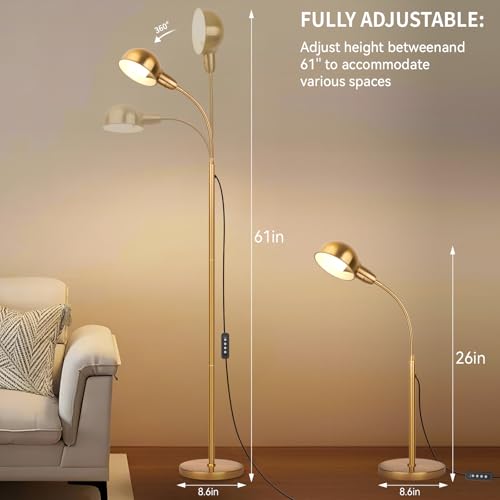 Gold Floor Lamp with Flexible Gooseneck and Rotatable Shade£¬Standing Lamp Include Dimmer LED Bulb£¬Ideal Tall Lamp with Dimmer and Timer Switch for Reading,Bedside and Living Room (Gold)