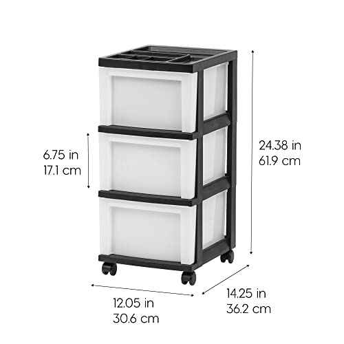 IRIS USA Plastic Drawer Storage Organizer Rolling Cart, with Wheels Casters, 3-Drawers, for Classroom Art Craft Supplies Dresser Closet Bathroom Laundry Room, Black/ Pearl