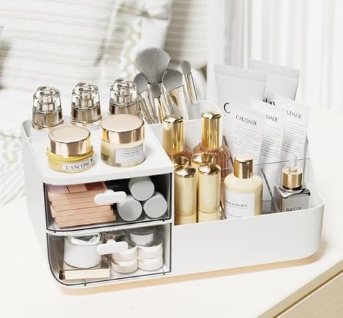 STNRST-IN Desk Organizer with 2 Drawer, Office Organization with 8 Compartments +1 Top Tray, Plastic Pen Holder for Desk, Makeup Storage Box with 3 Pencil Holder for School, Home, Art Supplies