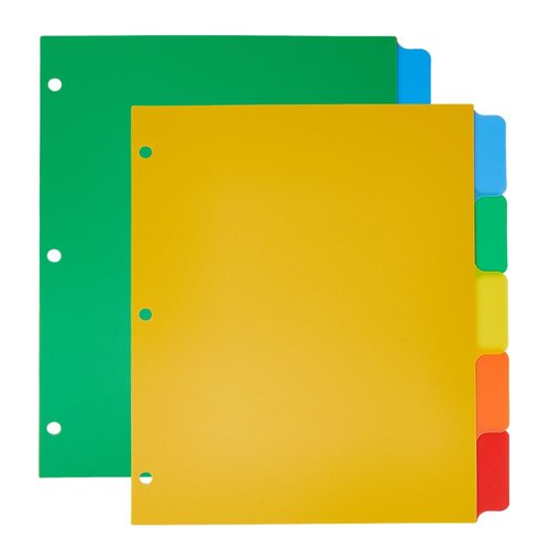 SUPERFINDINGS 10 Sheets A4 3 Ring Binder Dividers 5 Tab Thick Plastic Dividers 3 Ring Multicolored Tab Paper for A4 Binder 3 Holes Ring Index Pages for Planner Notebook Journal Travel Diary, 28x24cm