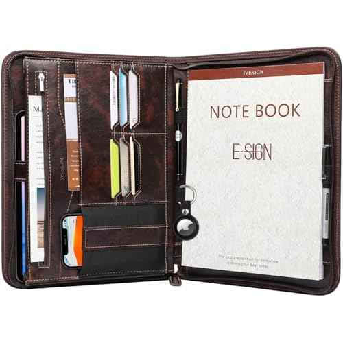 IVESIGN Zippered Padfolio for Women & Men Resume Portfolio Folder Vegan Leather Business Organizer Planner,with Writing Pad Interior 10.1 Inch Tablet Sleeve Dark Brown