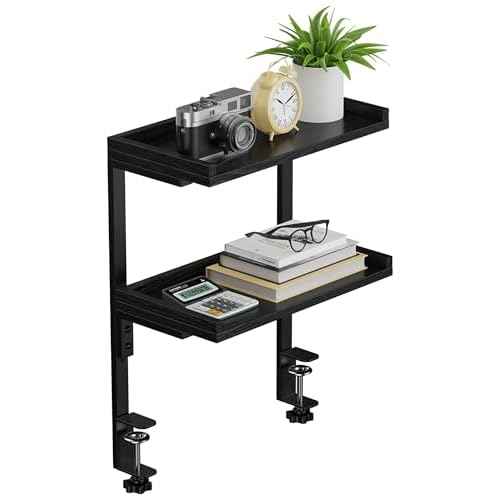 Clamp On Desk Shelf 2-Tier, 12.5 inche Wood Shelving Unit for Office Desk/Gaming Accessories, Tabletop Book Storage Rack, Shelf for Top & Under of Desk, Black