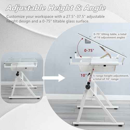 Drafting Table, 0-75¡Æ Tilting Glass Tabletop Drawing Table with Stool - Adjustable Height Art Desk with Multi-Storage for Sketching and Painting - Perfect for Artists and Hobbyists, White