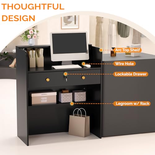 OmySalon Black 32" Reception Desk with Lockable Drawer, Modern Wooden Front Counter for Salon & Office
