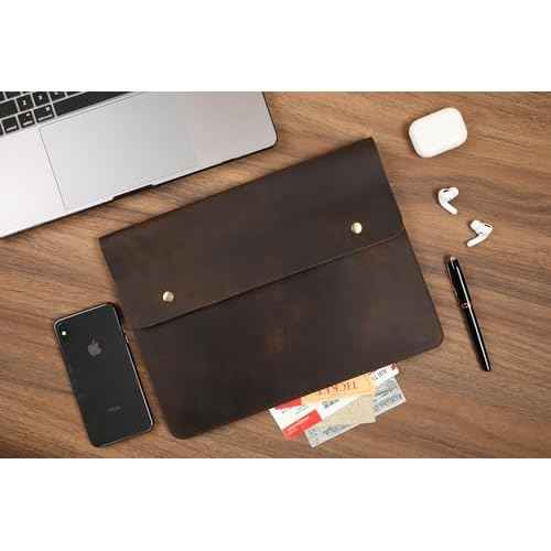 Leather Tablet Sleeve - 11/12.9/13 Inch iPad Pro Sleeve, Document Holder Folio File Holder, Genuine Leather iPad Case for Protection and Style-Dark Khaki