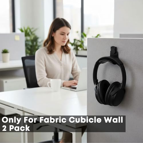 Fabric Wall Headphone Holder for Office Cubicles, Space-Saving Desk Organizer, Black (2 Pack)