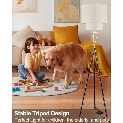 Lightdot Tripod Floor Lamp, Modern Floor Lamps for Living Room, Standing Lamp with Double Linen Shade, E26 Bulb Included, 67.7" Tall Floor Lamp for Bedroom, Home Office