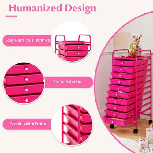ARLIME 10-Drawer Storage Cart, 10 Drawer Trolley, Rolling Organizer Cart, Scrapbook Paper Organizer, Suitable for Office and School, Rolling Office Storage Tools (Hot Pink)