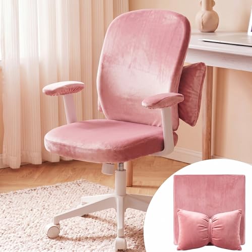 Tigeen Pale Pink Velvet 4-Piece Office Chair Cover Set with Bow Pillow