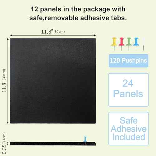 Large Cork Board Felt Wall Tiles 24 Pack, 70"x47" Felt Bulletin Board Pin Board with 48 Safe Removable Adhesive Tabs, 60 Push Pins, Alternative Cork Board for Walls Home Office, Black