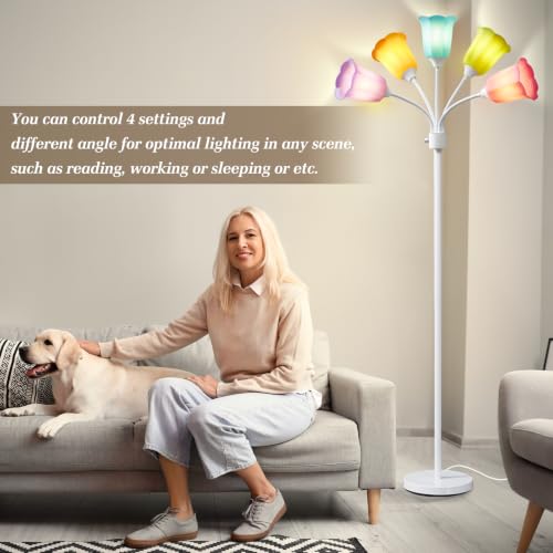 GyroVu Medusa LED Floor Lamp with 6 Color Tulip Shades, Adjustable Gooseneck, Tall Modern Standing Lamp for Living Room Bedroom Kids Room Office - White, Lampshades Included
