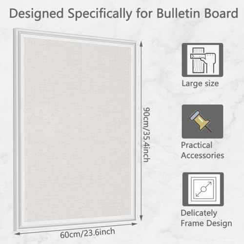 Linen Bulletin Board,Pin Boards for Walls,Fabric Bulletin Board,White Wood Frame Beige Linen,23.6"x35.4",Large Pin Board for Office,Home Kitchen, Vision Cork Board (WH-6090)