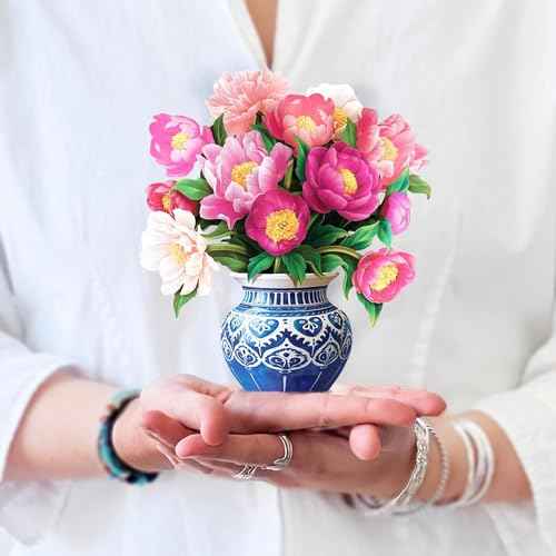 Freshcut Paper Pop Up Cards, Mini Peony Paradise, 6 Inch Mini Sized Forever Flower Bouquet 3D Popup Greeting Cards, Birthday Cards, Thank You Card, Blank Notecard & Envelope