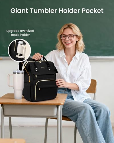 LOVEVOOK Women's Laptop Backpack with 15.6-Inch Cup Holder, Waterproof Travel Bag, Black