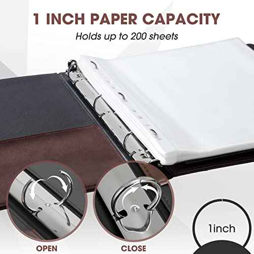Yexiya 4 Pcs Vintage Hardback 3 Ring Binder Planner Portfolio Leather Round Ring Binder Organizer Holds 200 Sheets with 2 Inner Pockets, 13 x 10 Inch(1 Inch,Black, Brown)