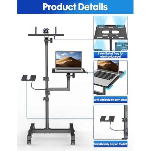 Projector and Laptop Stand Tripod, 2 Shelves Mobile Laptop Tripod Stand, Max 47" Height Adjustable Laptop Cart on Wheels, Projector Floor Stand with Ventilated Tray for Podium, Meeting, Couch