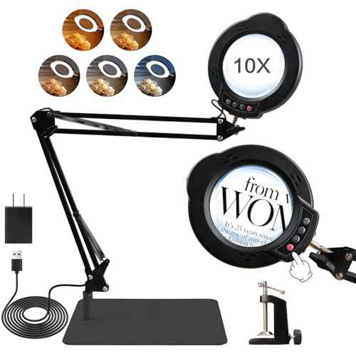 2-in-1 Desk Lamp & Clamp Light, 10X Magnifying Glass with Light and Stand, 5 Color Modes 10 Brightness Dimmable LED Desk Lamp,14.5inch Adjustable Swing Arm for Reading Crafts Painting Close (Black)