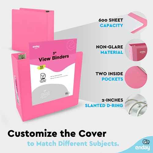 3 Inch 3 Ring Binder Pink, Slant D-Ring 3¡± Clear View Cover with 2 Inside Pockets, Heavy Duty Colored School Supplies Office and Home Binders ? by Enday