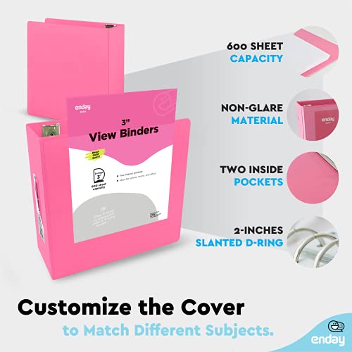 Enday 3-Inch Pink Heavy Duty 3 Ring Binder - 600 Sheet Capacity for School Office Home