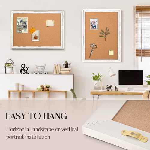 Cork Board Bulletin Board, 36" x 24" Corkboard for Wall, Rustic White Wooden Frame, Hanging Pin Board for Home & Office Decor, 10 Push Pins