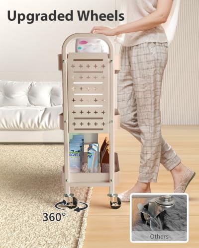 ALVOROG Khaki 3-Tier Metal Rolling Utility Cart with Pegboards, Baskets & Hooks