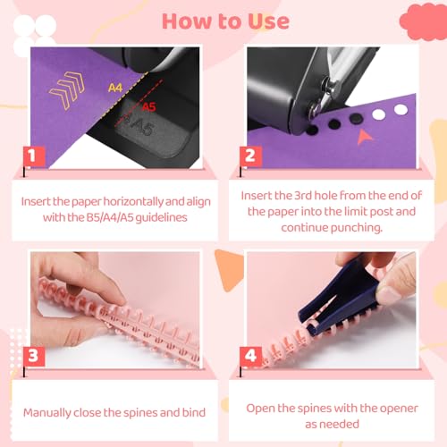 10-Hole Binding Machine Spiral Coil Binder, Spiral Binding Machine with 16 Multi-Color Binder Rings, 30 Holes on A4, 20 Holes on A5, 26 Holes on B5, 10 Sheets Capacity