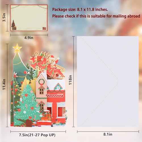 JOYJOM 3D Pop Up Christmas Cards, Musical Christmas Cards with Envelopes, Lights and Note Tag for Kids Wife Mon Dad Friends,21" x 11.4" (Village Santa and Reindeers)