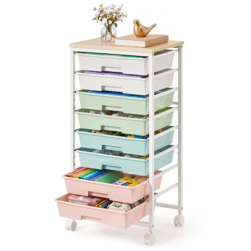 VASAGLE 8-Drawer Rolling Cart with Wooden Top — Multicolor