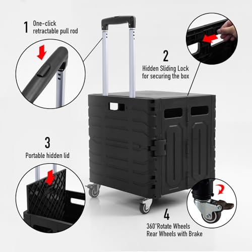 Folding Utility Cart Black Portable Rolling Crate Handcart Foldable Shopping Trolley Collapsible, with Lid, on Wheels, for Grocery, Garden, Office, Storage, Teacher, Tool (Black)