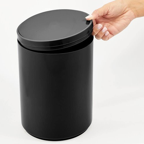mDesign Plastic Small Slim Round 1.7 Gallon/6.5 Liter Trash Can with Removable Swing Lid - Wastebasket, Garbage Container Basket Bin for Master/Guest Bathroom - Holds Rubbish/Recycle - Black