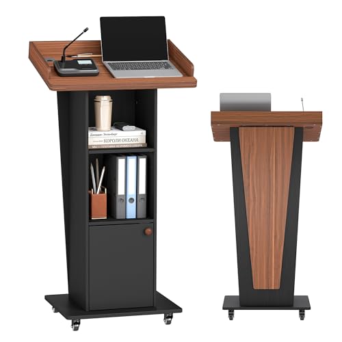 Baoz 15° Tilted Podium Stand with Cabinet & Lockable Wheels (Black-Brown) - Portable Lecture Presentations