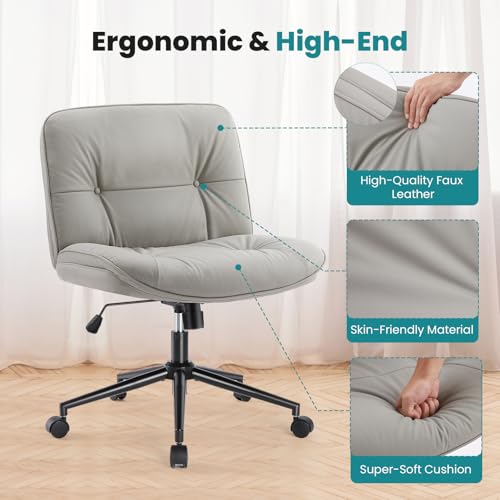 OLIXIS Criss Cross Chair with Wheels, Legged Home Office PU Leather Wide Armless Desk Seat, Rolling Adjustable Swivel Ergonomic Comfy Vanity Seating