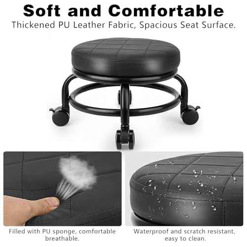 Low Roller Stool Low Height Rolling Stool Seat PU Leather Small Chair Foot Stool Round Rolling Stools for Home Office Garage Shop (Black)