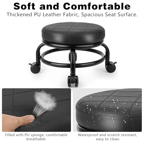 Low Height Rolling Stool with PU Leather Cushion – 9.5in Seat, 250lbs, 360° Castors