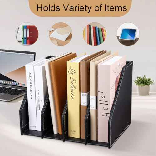 GORESE Collapsible Magazine File Holder, PU Leather Vertical File Folder Organizer for Desk with 4 Compartments, Magazine Holder Binder Storage Clipboard Rack File Sorter for Office Home School, Black