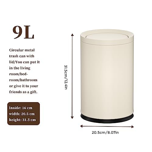 LEASYLIFE 2.4GAL Off White Metal Garbage Can, Double-Layer with Inner Layer,Small Trash Can with FILP Lid for Bathroom,Bedroom,Office,Hotel,Bank
