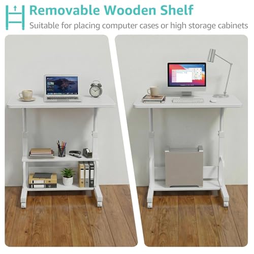 WINAZ 31.5" Small Portable Laptop Rolling Desk with Wheels, White, 2-Tier Storage