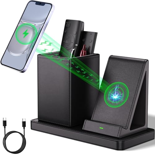 Multi-Functional Pen Holder for Desk,Black Vegan Leather Desk Organizers with Remote Control Holder,Pencil Holder for Desk,Desk Organizer with Phone Wireless Charger for Office/Nightstand/Endtable