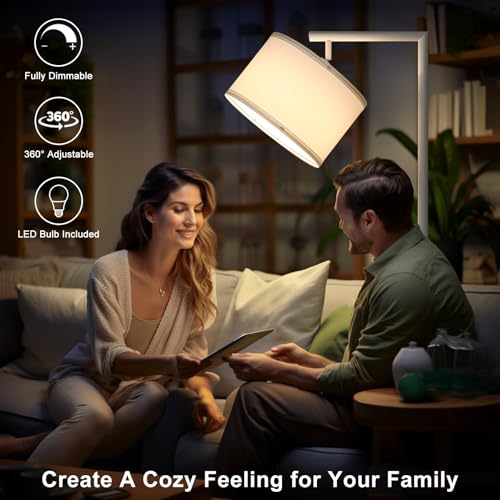 Boncoo Floor Lamps White Floor Lamp for Bedroom, LED Dimmable Floor Lamp Arc with Adjustable Silk Shade, Modern Standing Lamp for Living Room Office Study Room, 9W Bulb Included
