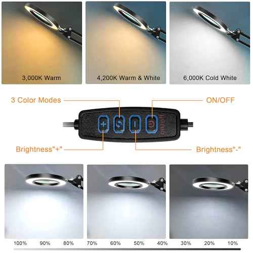 10X Magnifying Glass with Light and Stand, 2-in-1 LED Magnifier Desk Lamp, 3 Color Modes 10 Level Dimmable, Hands-Free Lighted Magnifier for Craft Repair Nail Reading Close Works (Black, Base)