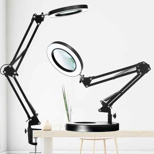 10X Magnifying Glass with Light and Stand, 2-in-1 LED Magnifying Lamp, 3 Color Stepless Dimming Magnifier with Light, Real Optical Glass Magnifier Lamp for Crafts Repair Close Work- Black