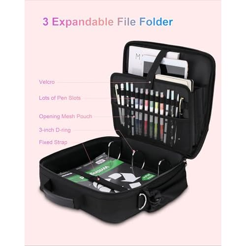 3 Ring Zipper Binder 3 Inch D Rings with Double Water Bottle, Cute Water-Resistant Zip Up Middle School Binder, 700-Sheet Capacity Organizer & Multiple Pockets & Shoulder Strap & Laptop, Black
