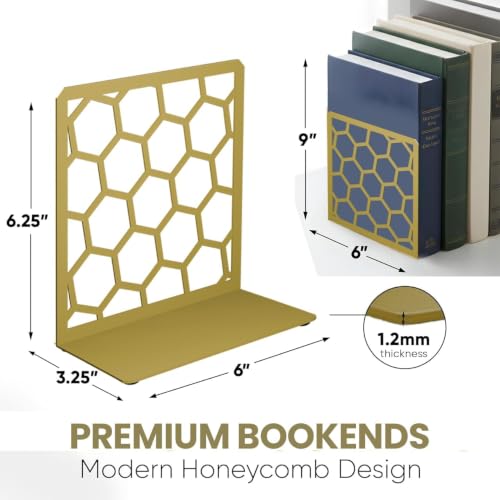 GEOMOD Gold Geometric Honeycomb Metal Bookends - 2 Pair, Heavy Duty Home Office Shelving