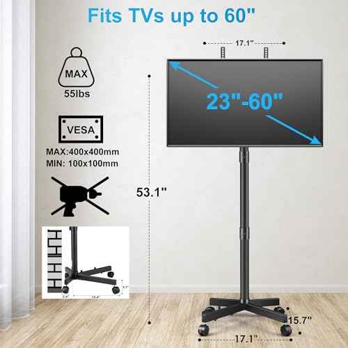 Rolling TV Stand for 23-60 Inch LCD LED Flat Curved Panel Screens TVs, Height Adjustable Mobile TV Stand with Locking Wheels up to 55lbs, Tilting Smart TV Cart Max VESA 400x400mm