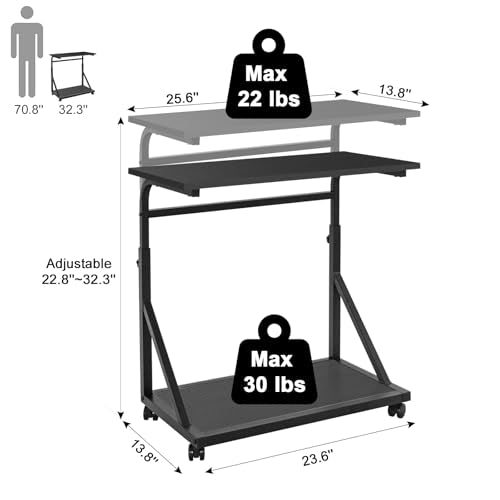 Computer Tower Stand, 2-Tier CPU Stand with Lockable Wheels, Adjustable Height PC Stand for Floor, Mobile PC Laptop Standing Table for Home Office (Black)