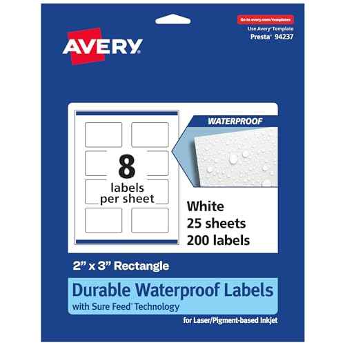 Avery Durable Waterproof Rectangle Labels, Sure Feed Technology, Print-to-The-Edge, 2" x 3", 200 Total, Oil and Tear-Resistant, Waterproof, Laser/Pigment-Based Inkjet Printable
