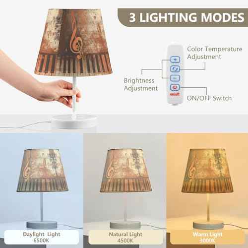 Modern 3 Colors Dimmable LED Table Lamp, Grunge Musical Background Notes Linen Shade 10.8" Bedside Nightstand Light with USB Port Gift for Home Desk Bedroom Room Cafe