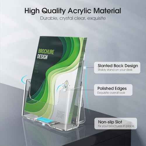 MaxGear Acrylic Brochure Holder 6 x 8 inch, Display Stand Plastic Clear Flyer Holders for 5.5 x 8.5 inch, 5 x 7 inch Menu, Literature, Trifold Pamphlet, Magazine, Countertop or Wall Mount, 6 Pack