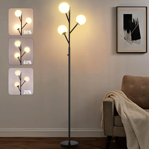 3-Globe Mid Century Black Tree Floor Lamp and Bulbs Included,70in Tall Modern Stepless Dimmable Standing Lamp with Frosted Glass Shade for Living Room Office Bedroom, Study Room(dimmer-Black)
